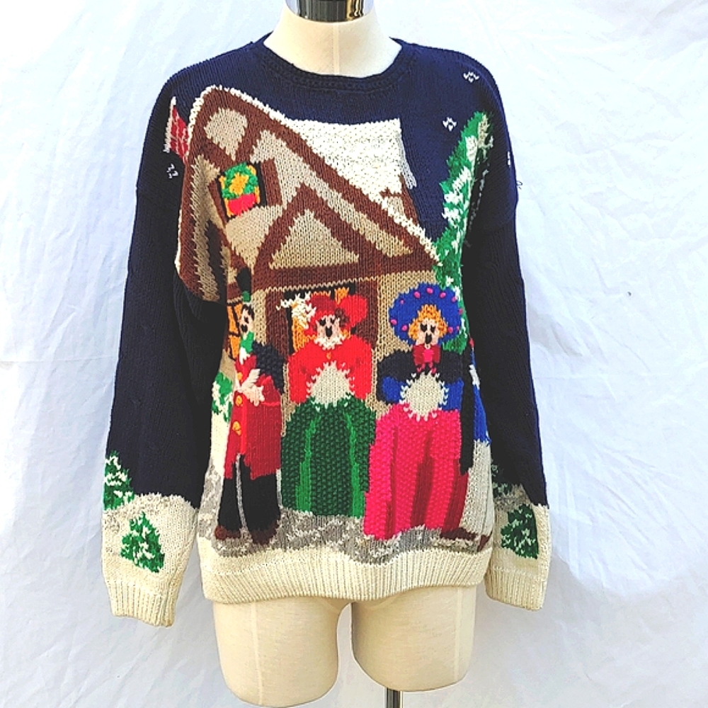 Vintage hand knitted sweater, navy w/Christmas Carolers, sz M, Christmas sweater